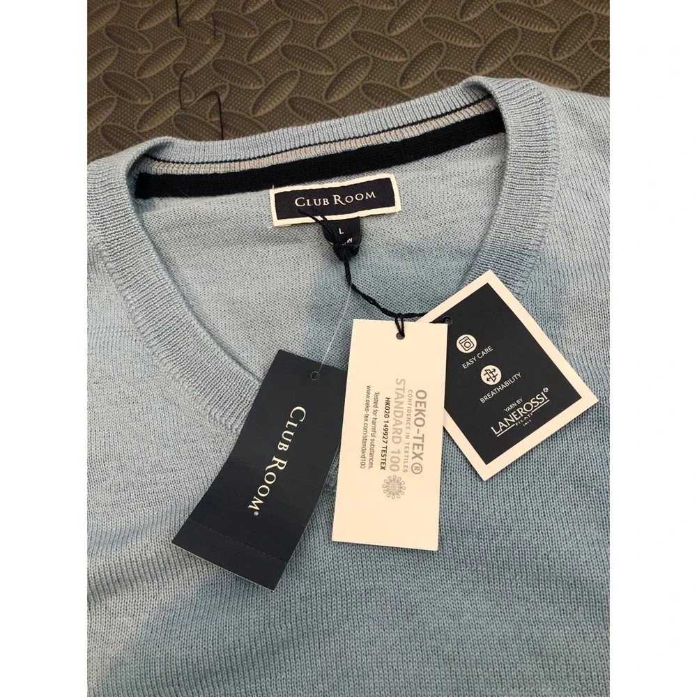 Club Room Sweater Mens Large Blue Merino Wool Blend V-Neck Pullover 100099700MN